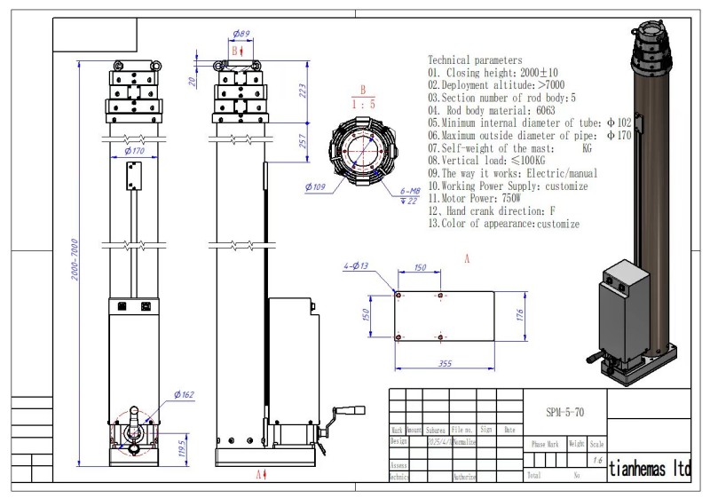 6m electric lockable spindle telescopic mast