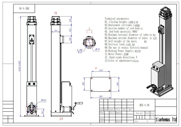 Spindle rope driven telescopic mast